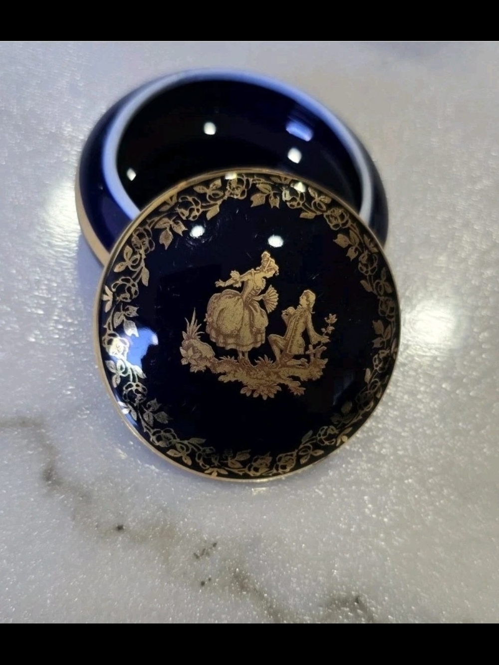 Vintage Limoges France Cobalt Blue Porcelain Trinket Box Glossy Finish